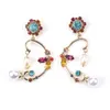 Stud Earrings Trendy Gold Colorful Flower Style Crystal Rhinestone Glass Peal Beads Dangle Fashion Jewelry
