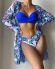 Kvinnors badkläder 2023 Tre stycken Bikini Set Cover Up Floral Print Push Beach Bathing Suits Long Sleeve Twist Women Swimsuit 230208