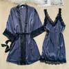 Damen-Nachtwäsche, 2-teiliges Kimono-Roben-Set, Sommer-Satin-Nachthemd, Patchwork-Farben-Nachtwäsche, Intimwäsche, lässige Heimkleidung, Bademantel