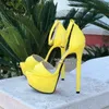 Sandals Luxury Yellow Patent Leather Stiletto Heels Shoes Peep Toe Ankle Strap High Platform Dress Cut-out Women Pumps
