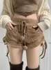 Women's Shorts Rapcopter y2k Fleece Lace Up Cute Khaki Low Waisted Fairycore Women Korean Winter Spring Outfits Party Chic Y2302