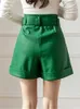 Women's Shorts Seoulish Green PU Faxu Leather with Belted 2022 New Autumn Winter Wide Leg Pants Female Casual Office Trousers Y2302