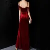 Robes de soirée en velours rouge profond, manches latérales, sirène, longues femmes, sexy, bretelles fendues, robe d'événement formelle 230208