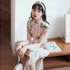 Etnische kleding vrouwelijke satijnen handgemaakte knop qipao elegante print bloem korte mouw Chinese stijl cheongsam plus maat 3xl