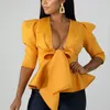 قمصان بلوزات المرأة النسائية نساء Scuba bowtie peplum بلوزة نصف جبس مثير الخامس قمم الرقبة الأنيقة للسيدات Workwear ملابس الشارع 230208