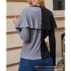 Kvinnors T-skjortor Kvinnor T-shirt Top Spring and Autumn Fashion Lace Stitching Loose Casual Batwing Sleeve V-Neck Pullover