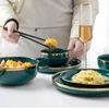 Plates Luxury Dish Set Household Tableware Bowl Plate Green Gold Rimmed Ceramic Assiettes De Table Kitchen Items BS50PZ