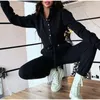 Women's Two Piece Pants Casual Stand Collar Jumpsuit Autumn Winter Zipper One Long Sleeve Outfit Solid Loose Drawstring Rompers Tracksuits 230208