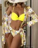 Kvinnors badkläder 2023 Tre stycken Bikini Set Cover Up Floral Print Push Beach Bathing Suits Long Sleeve Twist Women Swimsuit 230208