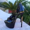 Sandalen Luxus Gelb Lackleder Stiletto Heels Schuhe Peep Toe Knöchelriemen Hohe Plattform Kleid Ausschnitt Damen Pumps