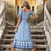 Casual Dresses Elegant For Women 2023 Off Shoulder Ruffle Maxi Dress Summer Chiffon Vintage Floral Holiday Boho Party Vestidoscasual