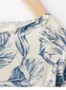 Blouses feminina Mulheres Mulheres de três quartos de manga Camisas de impressão azul e branco Porcelana Vintage Ladies O-Gobes Top 2023 Primavera Verão