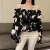 Blouses feminina Mulheres Top Slash Blouse fêmea de manga longa Clube Floral Print Festas Camisa de festas Ruffle Shirts Loose G574