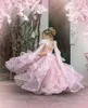 Girl Dresses FATAPAESE Embroidered Pink Cosmos Wild Organza Flowers Floral Dress Mesh Skirt Lace Up Criss-cross Back Wedding Party Gown
