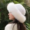 Женская настоящая норка меховая шляпа вязаная шляпа для боулера Top Hat Winter теплая шапочка W. Fox Fur Brim