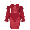 Robes décontractées 2023 Été Voir à travers Mini Robe Moulante Noir Rouge Hors Épaule Manches Longues Automne Hiver Robes Sexy Mesh Club Party