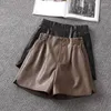 Kvinnors shorts mode läder kvinnor a-line bälte hög midja fårskinn streetwear sexig casual pu short bants höst vinter t287