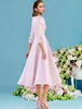 A-Line Mother of the Bride Dress Wedding Guest Vintage Elegant Pink V Neck Tea Length Satin 3/4 Length Sleeve Simple