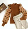 Womens Blouses Shirts Polka Dots Tops Sheer Mesh Shirt Puff Long Sleeve Knitted Blouse Women ShirtsTop 230208