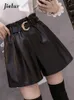 女子ショーツJielur 2022 New Autumn Winter Black Pu Faux Leather Women Sashes High Waist Wide Legエレガントな女性Y2302