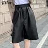 Shorts femininos jielur moda pu faux couro feminino cintura elástica solta casual perna de cinco pontos largo preto curto s-3xl y2302