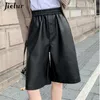 Women's Shorts Jielur Fashion PU Faux Leather Women Elastic Waist Loose Casual Five Points Wide Leg Black Short Female S-3XL Y2302