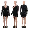 Robes Décontractées Paillettes Sexy Robe À Paillettes Femmes Soirée Boîte De Nuit Moulante Plume Flare Manches Col En V Anniversaire Noir Mini EleganceCasual