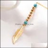 Pendant Necklaces Bohemian Ethnic Y Shape Necklace Blue Beads Feather Long Chain Tassel For Women Round Ball Vintage Jewelry Gift Dr Dhj3Q