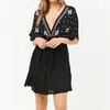 Sarongs Black Bohemian Embroidered V-Neck Summer Beach Dress Cotton Tunic Women Beachwear Swimwear Swim Suit Cover Up Sarong N797