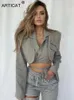 Womens Suits Blazers Articat Gray Double Layer Bandage Slim Blazer Women Long Sleeve Pocket Short Jacket Female Notched Collar Outwear Tops 230208