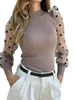 Womens Blouses Shirts Polka Dots Tops Sheer Mesh Shirt Puff Long Sleeve Knitted Blouse Women ShirtsTop 230208