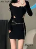 Casual Dresses Summer Backless Wrap Sexy Mini Women Hollow Out Hang Neck Chic Female Designer Elastic Skinny Fit Party 230208