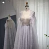 Feestjurken Sharon zei luxe Dubai zilveren grijze avond met veer Cape Shawl Arabische vrouwen bruiloft formele prom jurk SS147 230208