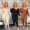 Dames Jumpsuits Rompertjes Stijlvolle casual winterkleding off-shoulder geribbelde v-hals rompertjes dames bodycon jumpsuit 230208