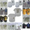 فيلم خمر 21 Roberto Clemente Baseball Jerseys مخيط 9 بيل Mazeroski Spreatable Sport White Gray صفراء سوداء أسود