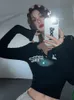 Женская футболка Tonngirls Ретро Граффити с принтом Эластичная футболка Женская сексуальная тонкая укороченная футболка в рубчик с длинным рукавом с одним вырезом Футболка в стиле гранж в Корейском стиле 230207