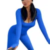 Macacões femininos macacão mulheres magro macacão cor sólida malha com nervuras manga longa pescoço quadrado bodycon macacão macacão treino esporte yoga playsuits 230208