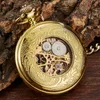 Pocket Watches Golden Gold Mechanical Hand Wind Pocket Watches Blue Roman Numeral Dial Mechanical Flip Watch Men Clock With Fob Chain Gift Box 230208