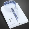 Mens Casual Shirts Blueandwhite Porcelain Collar Men Long Sleeve Korean SlimFit Business Dress Solid Color White Cotton 230208