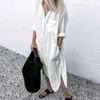 Casual Dresses Long Summer Dress Women Linen Sundress V-Neck Solid Color Slit Pocket Button Shirt Loose Holiday Beach Party