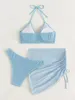 Women's Swimwear Textured Ring Linked Halter Bikini Micro Ribbed High Waist Swimsuit With Beach 3 Pieces Mesh Skirt 230208