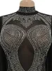 Kvinnors jumpsuits Rompers Bonnie Forest Sparkle Black Rhinestones Mesh Shift Long Sleeve Jumpsuits Women Rompers Glitter Skinny Crystal Jumpsuits Clubwear 230208