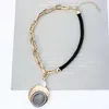 Pendant Necklaces ALLYES Personality Two-Tone Crystal Round Pendant Necklace Stitching Metal Chain Pearl Black Leather Necklace Choker Collares G230206