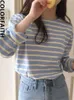 Women s T Shirt Colorfaith Bottoming Basic Korean Style Fashionable Striped Wild Lady Autumn Winter T shirt Pink Tops T2041 230207