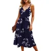 Robes Décontractées Femmes D'été Camis Robe Wrap V Cou Sans Manches Boho Floral Spaghetti Strap Une Ligne Dressses Flowy Plage Robe De Soleil Avec Ceinture