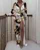 Robes décontractées 2023 Automne Streetwear Col rabattu Imprimer Manches longues Twisted Design High Split Blanc Maxi Chemise Robe Robes de fête élégantes