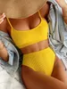 Women's Swimwear INGAGA High Waist Bikini Swimsuit Ribbed Sexy Bikini Woman 2023 Green Bathing Suit Cut Beach Wear Summer 230208