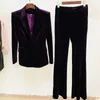 Kvinnor Tvådelade byxor Högkvalitativ est Fall Winter Designer Suit Set Enkel knappar Velvet Blazer Flare 230208