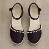 Sandalen Bohemian Sommer Damen Leinen Keil Espadrilles Handgefertigte Knöchelriemen Close Toe Damen Casual Plateauschuhe