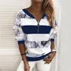 T-shirt da donna camicetta moda donna stampa floreale a righe scollo a V cuciture zip manica lunga felpa pullover di alta qualità